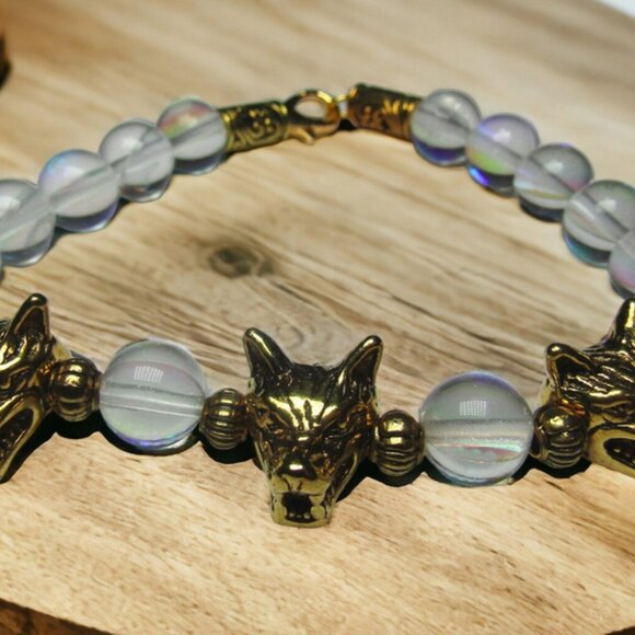 Cerberus Triple Wolf Bracelet With  Rainbow Crystal Beads.  Greek myth jewelry. - Picture 5 of 6